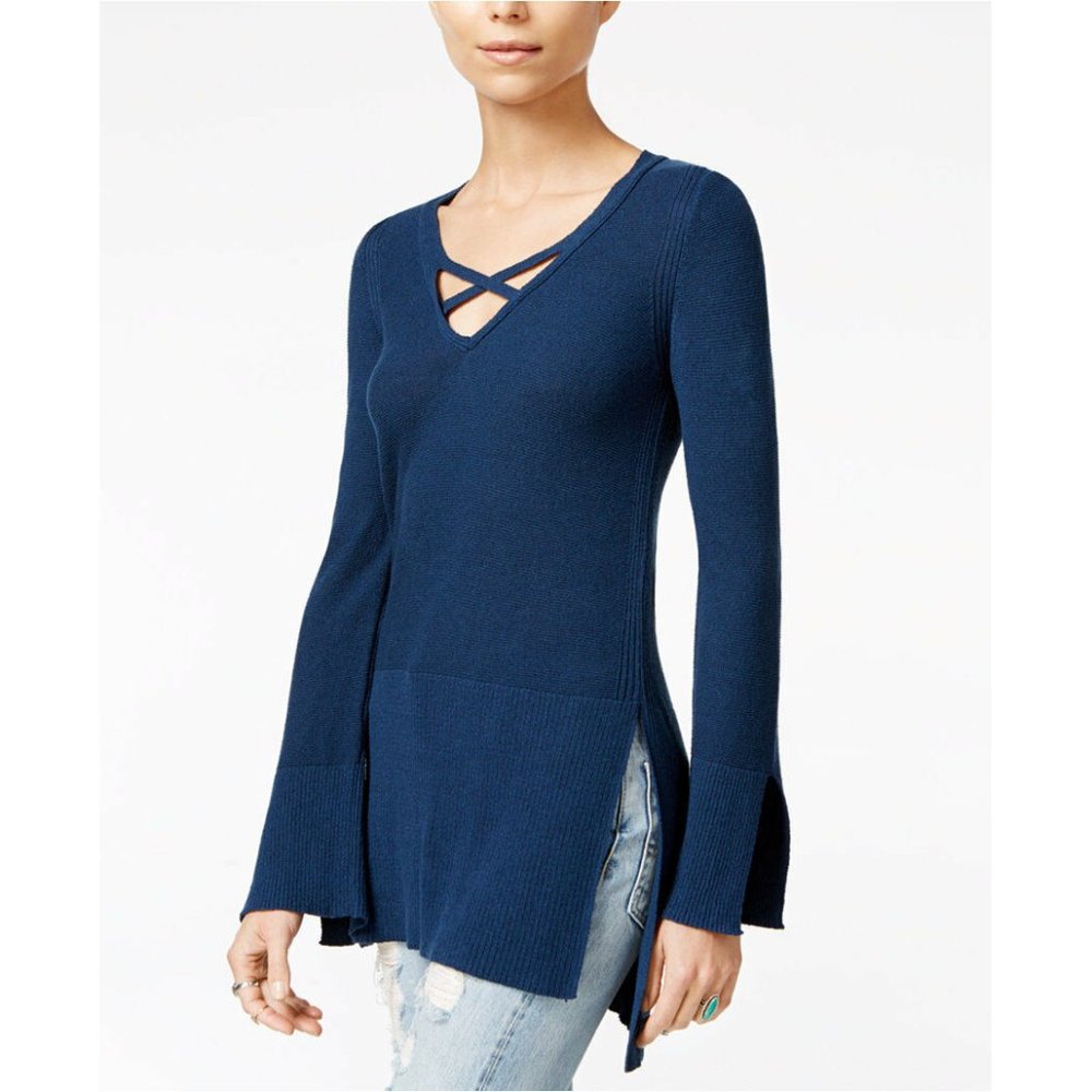 Womens Size Large Free People Blue Cross Front V-Neck Tunic Flare Sleeve Sweater